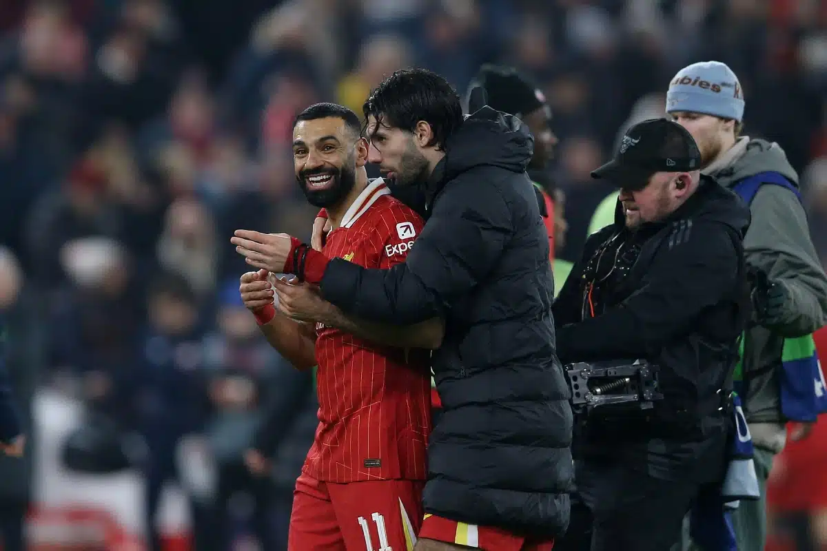 Mohamed Salah of Liverpool jokes with Dominik Szoboszlai of Liverpool after Liverpool v LOSC Lille, UEFA Champions League
