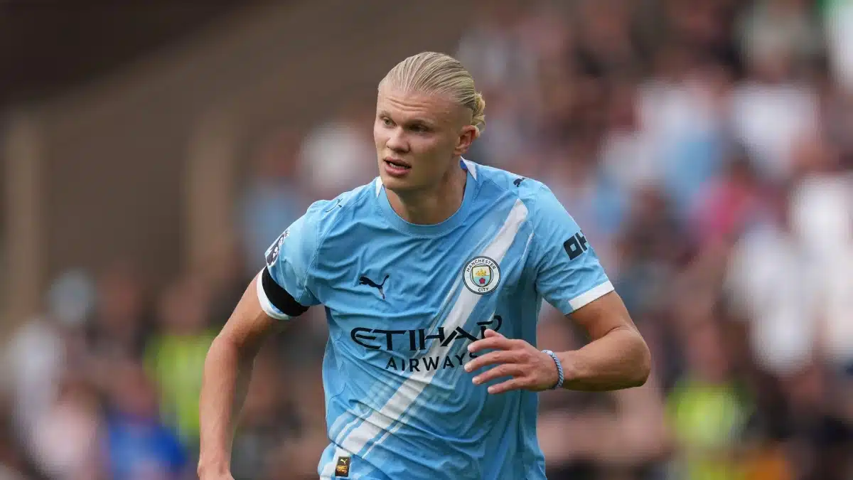 Manchester City's Erling Haaland runs on the pitch during the English Premier League soccer match between Wolverhampton Wanderers and Manchester City