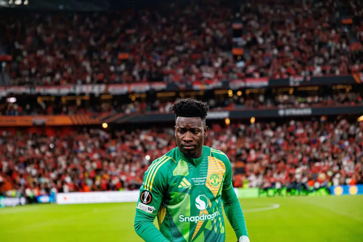 André Onana seen during UEFA Europa League 2025 final game between Tottenham Hotspur FC and Manchester United FC