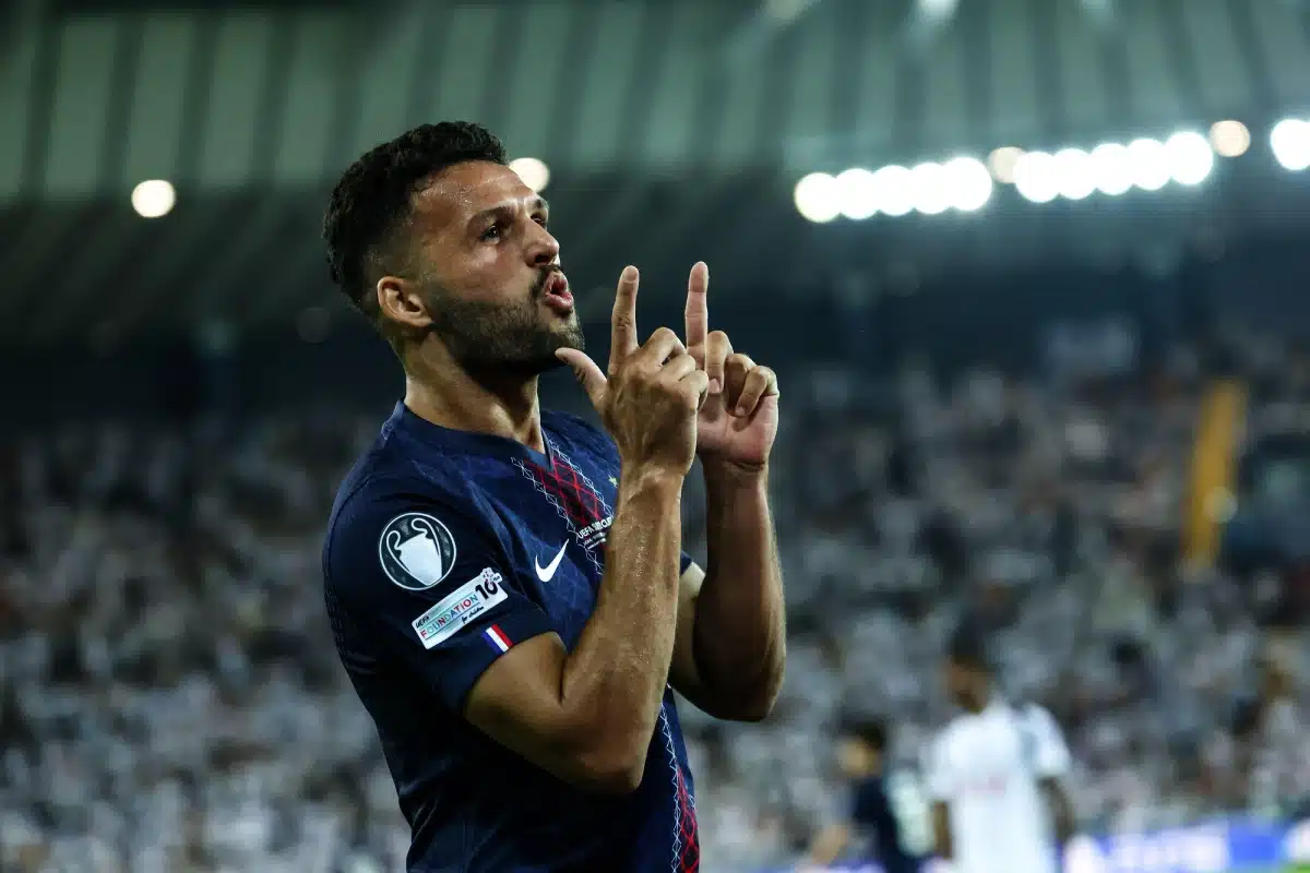 Goncalo Ramos of PSG celebrates after scoring the goal of 2-2 during the 2025 Super Cup Final football match between Paris Saint Germain and Tottenham Hotspur