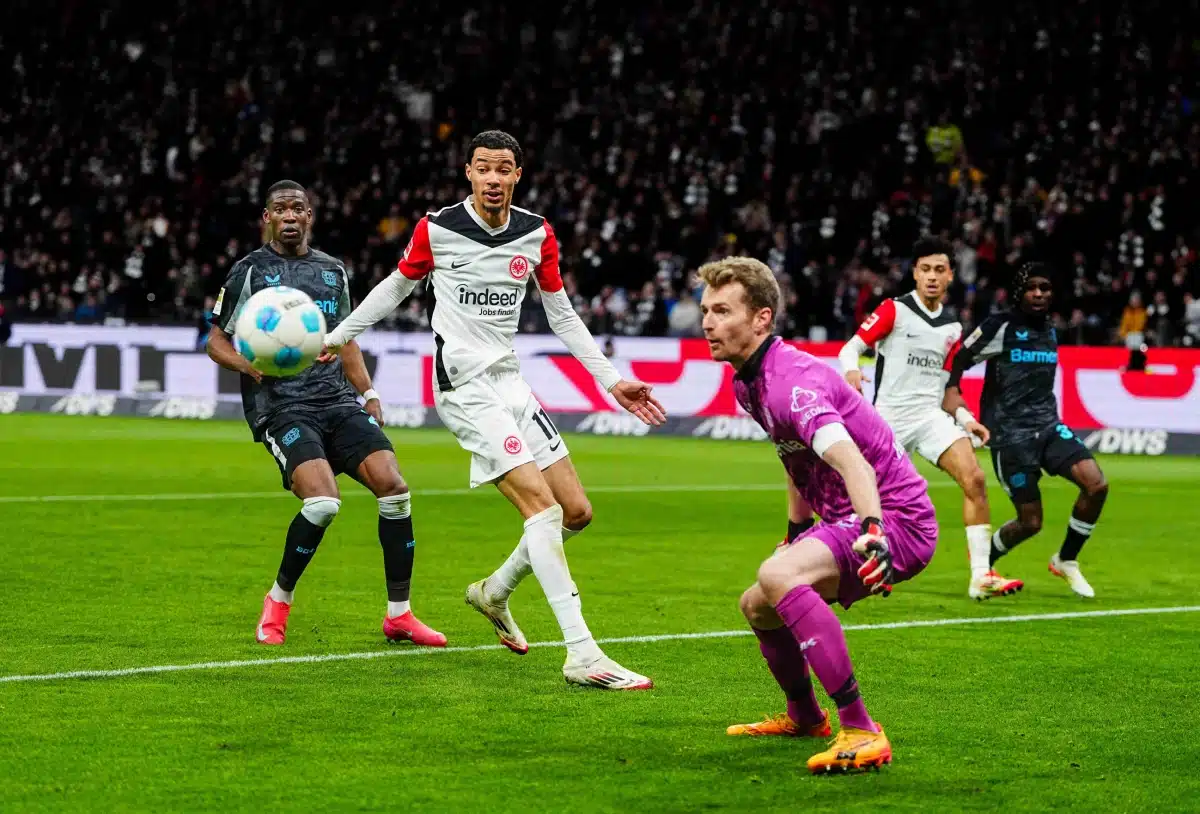 Hugo Ekitike of Eintracht Frankfurt looks on during a 1. Bundesliga game, Eintracht Frankfurt vs Bayer 04 Leverkusen, 2025