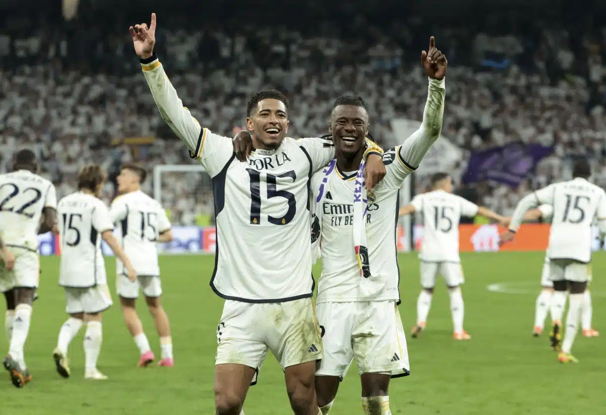 Jude Bellingham, Eduardo Camavinga of Real Madrid celebrate the victory following the UEFA Champions League, Semi-finals, 2nd leg football match between Real Madrid and Bayern Munich