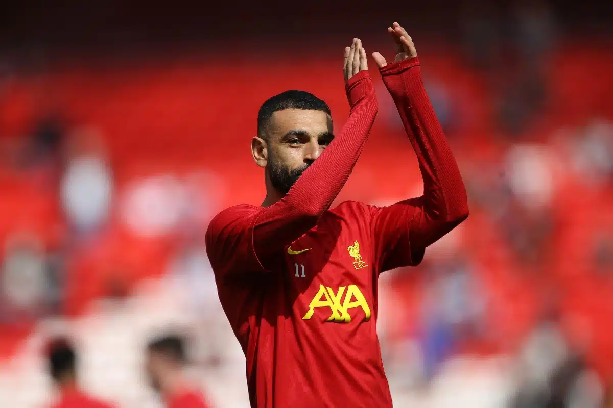 Mohamed Salah of Liverpool during the warm up. Premier League match, Liverpool v West Ham Utd at Anfield in Liverpool